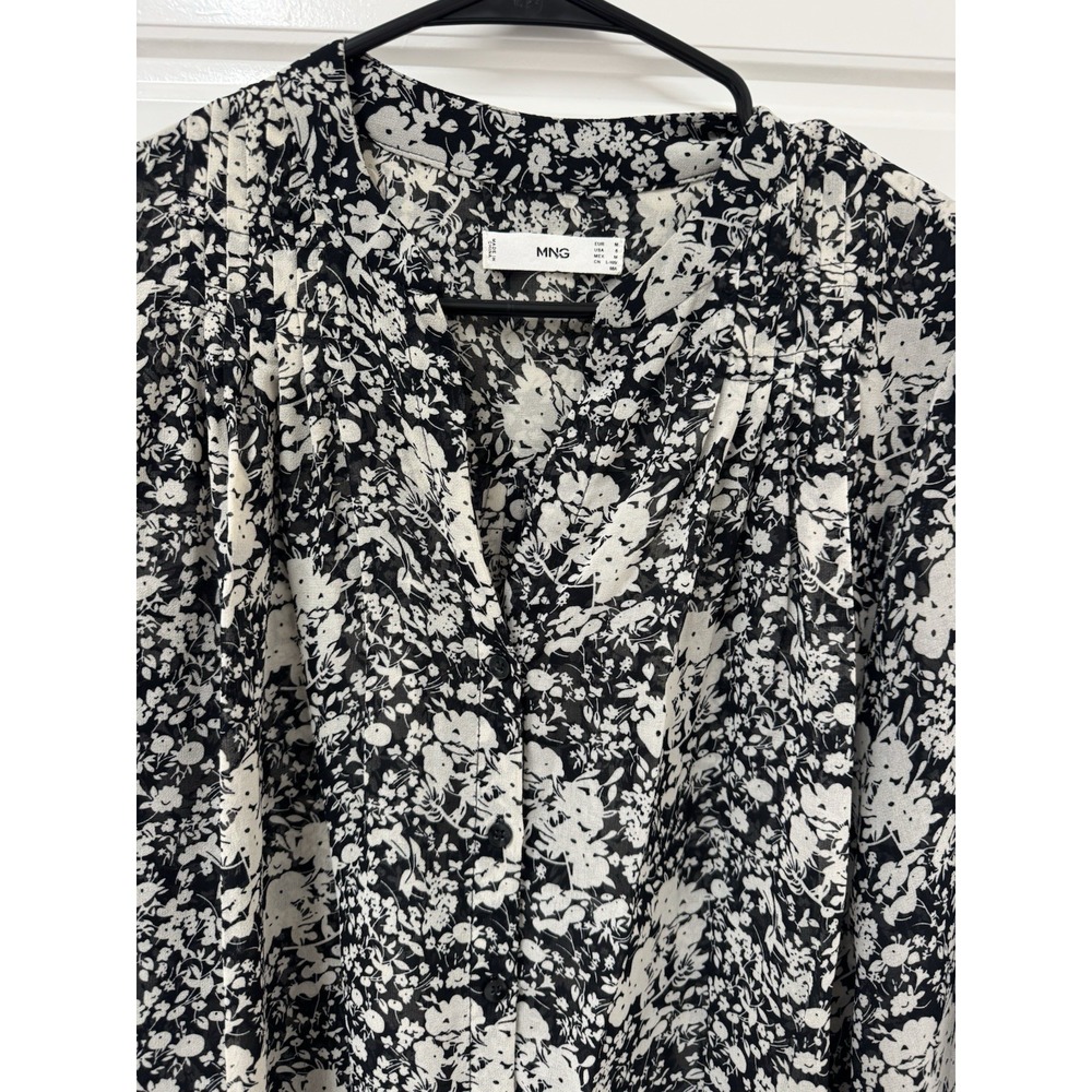 MNG Mango Women Medium Floral Blouse Top Flowy Cottage Button Front Black White